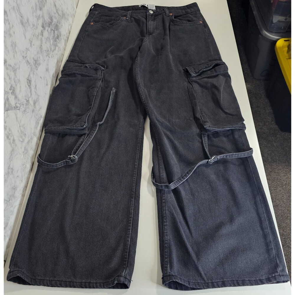 S.O.N.G Women’s Baggy Cargo Jeans, Black, Straps  on Pockets Wide Leg Size 11/30